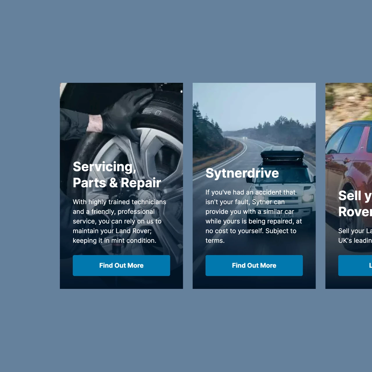 Calls-to-action on Sytner website, showing "servicing, parts & repair", and "sytnerdrive"