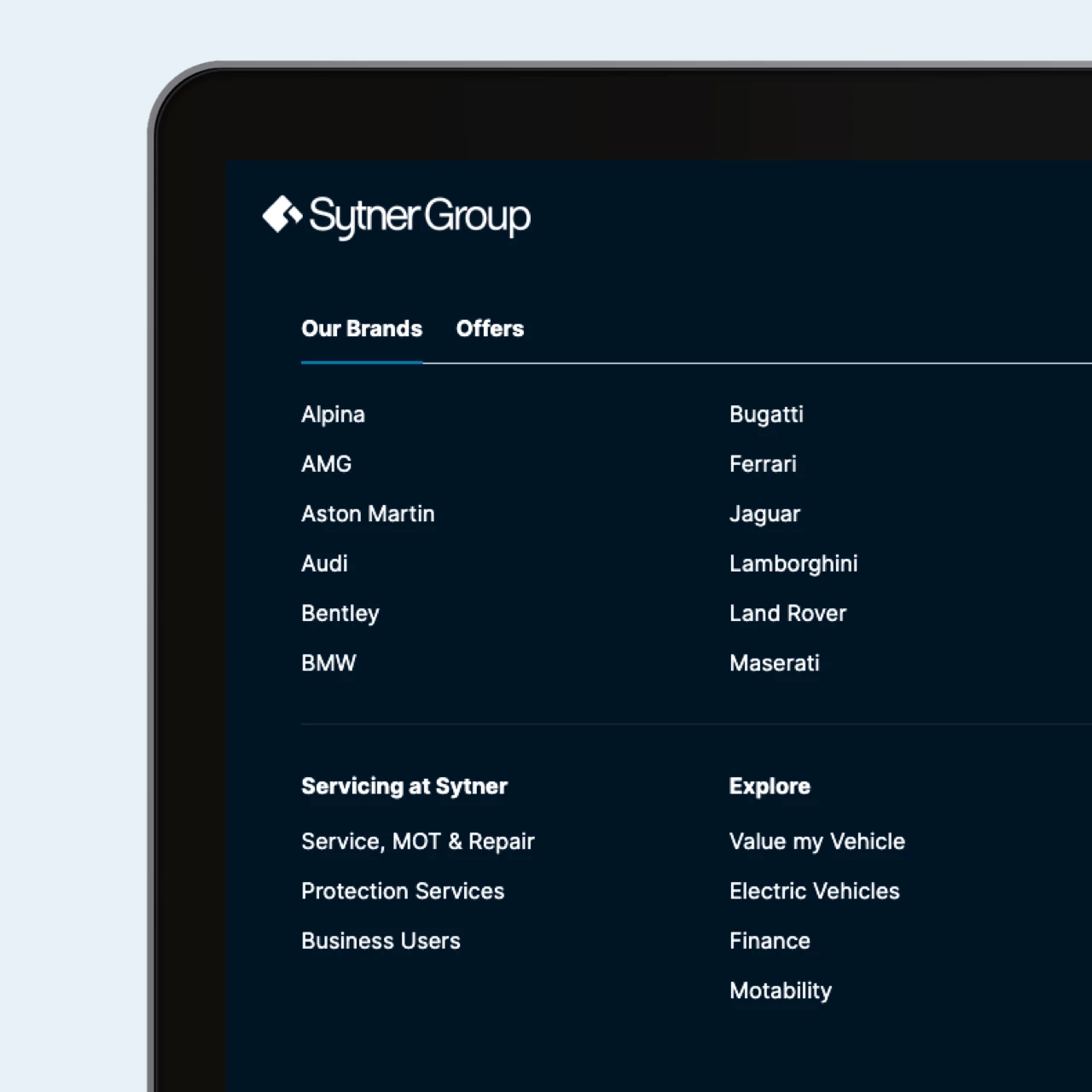 Screen from Sytner website menu