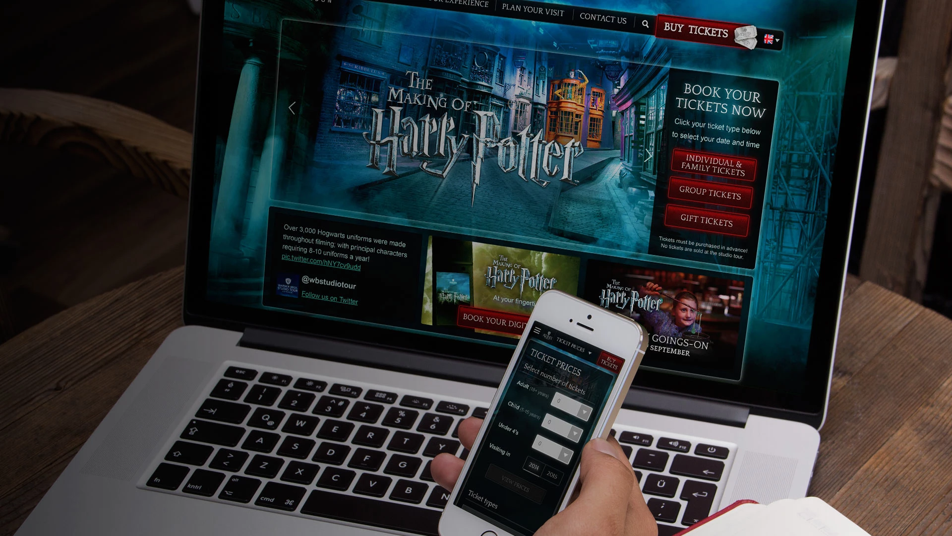 Screens from Warner Bros Studio Tour website, on phone and desktop