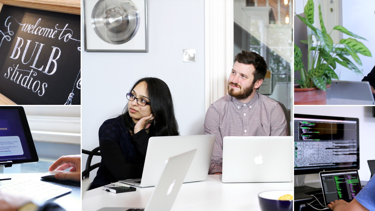 Bulb Studios team members sat in boardroom, alongside images of workplace