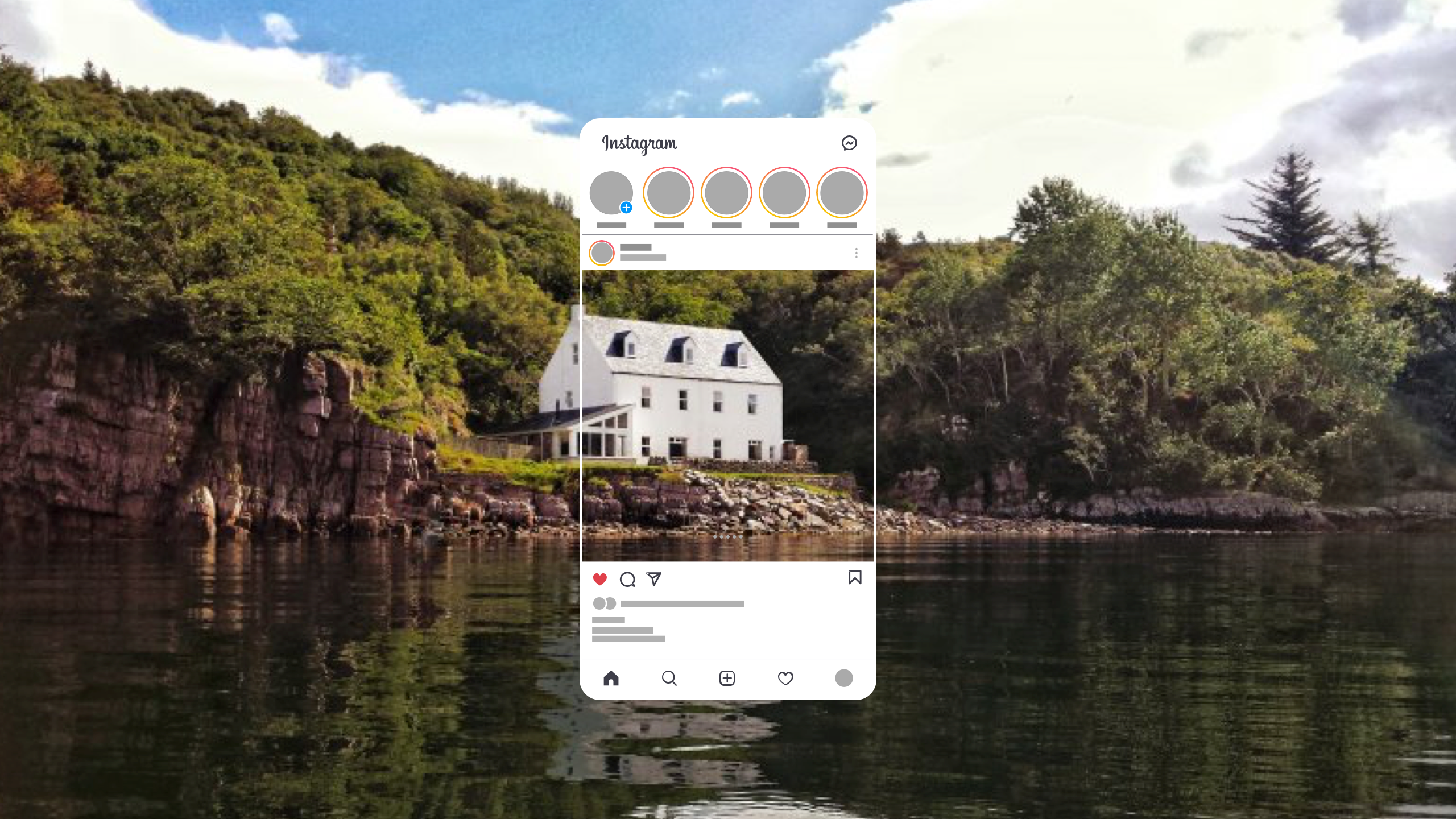 social media template over photo of white house beside a loch in Scotland