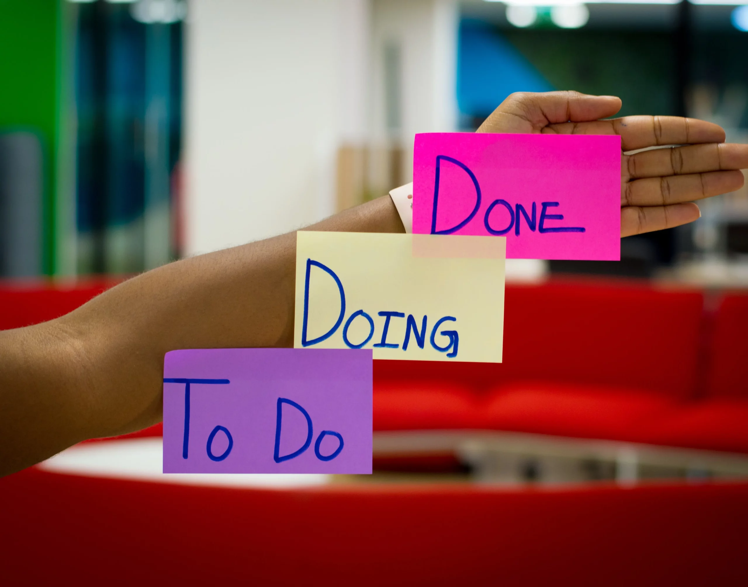 three post-it notes stuck to arm, reading "to do", "doing" and "done"
